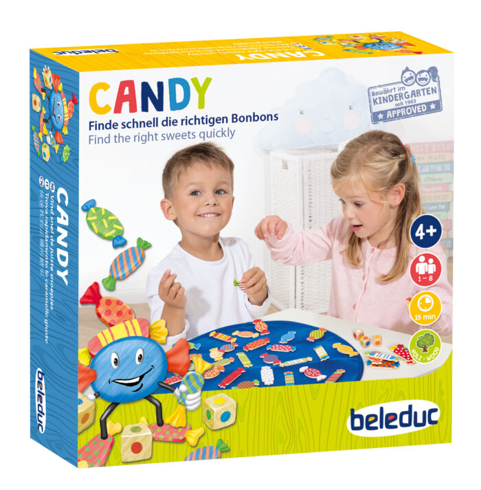 Verpackung des Gesellschaftsspiels Candy von beleduc für Kindergartenkinder