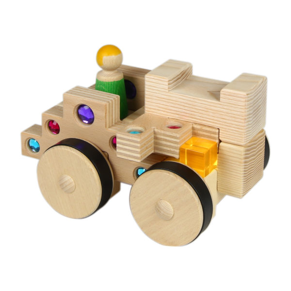 4/4 Bausteine Grundfahrzeug für Kinder bestehend aus 4 Holzbausteinen und Dekoration