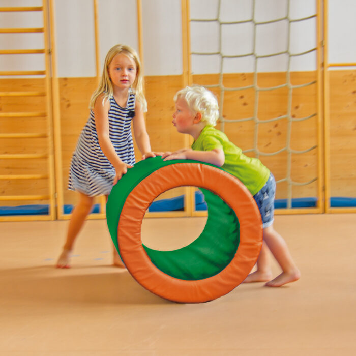 Kinder spielen mit Motorikrolle im Turnsaal im Kindergarten