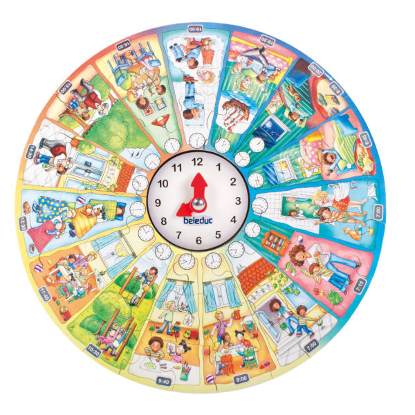 Gesamtansicht des XXL Lernpuzzles Mein Tag. Um die herausnehmbare Lernuhr in der Mitte gruppieren sich Bilder zu typischen Tagesabläufen der Kindergartenkinder.