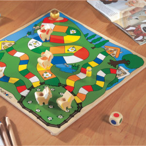 Spielbrett mit Holzfiguren und Farbwürfel des Tischspiels Goldener Apfel von beleduc