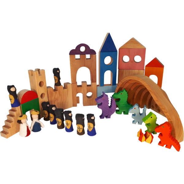 46-teiliges Drachenburg-Set mit Drachen- und Menschenfiguren aus Holz und Filz sowie Bauteilen für Gebäude