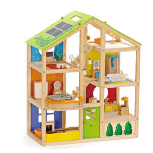 Vier-Jahreszeiten Haus aus Holz mit sechs möblierten Zimmern für Kinder ab dem Kindergartenalter zur Förderung von Rollenspielen und der Kreativität