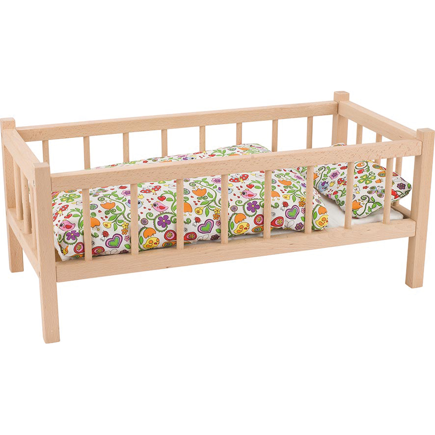 Puppenbett aus Massivholz Kiefer inklusive Bettwäsche und Matratze 
