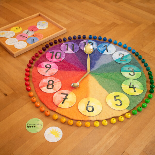 Legearbeit Uhr mit Farbenkreis Materialien und Tagesablaufkarten